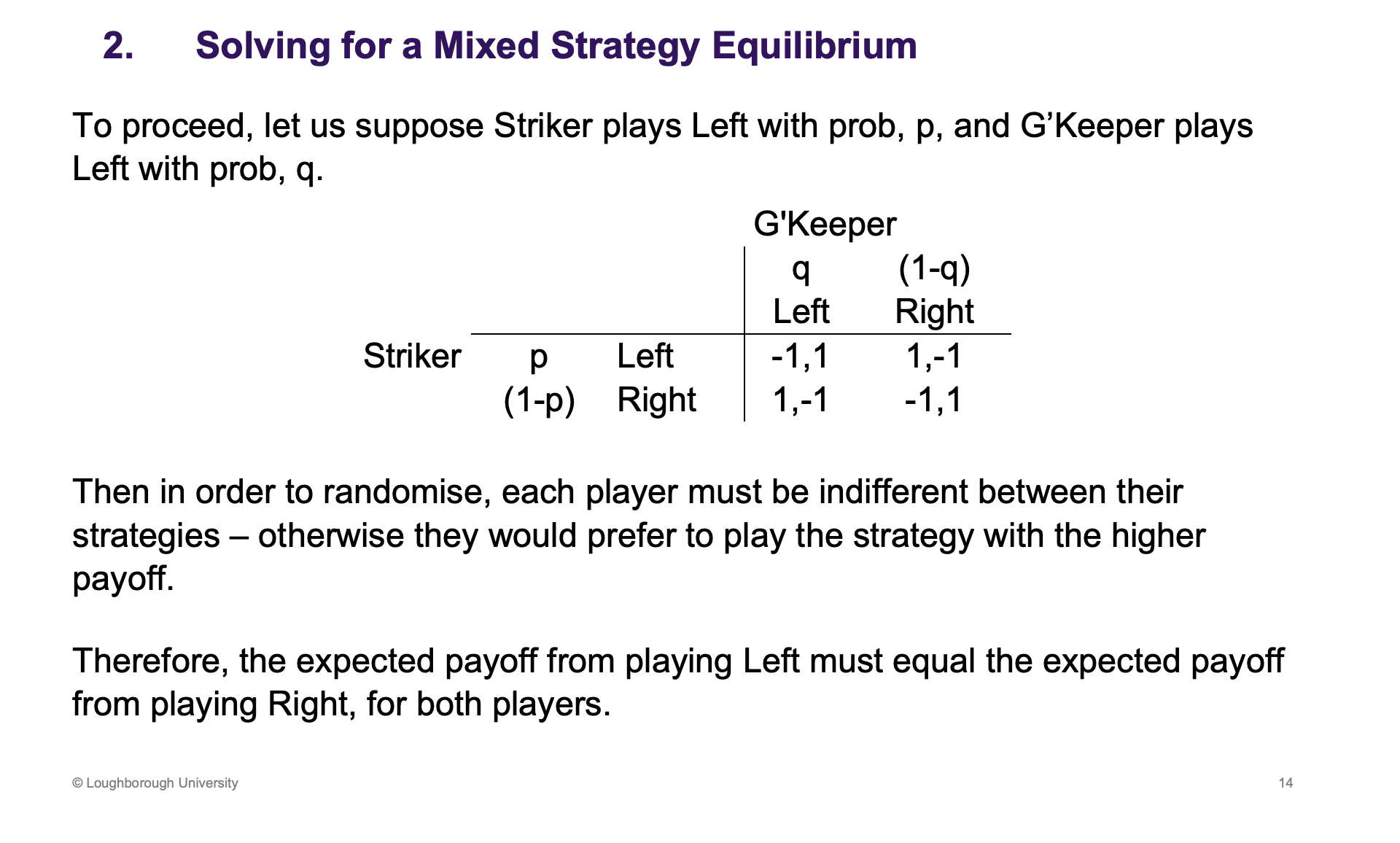 <p>Add probabilities in.</p><p>Randomise an equilibrium, have to be indifference in strategies. One cannot be dominate compared to the other.</p>
