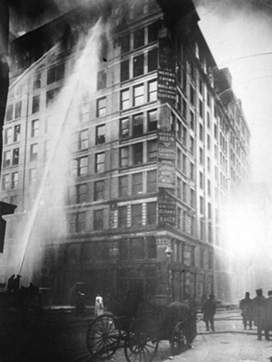 <p>March 1911 fire in a New York shirt factory that trapped young women workers inside locked exit doors; nearly 50 ended up jumping to their death; while 100 died inside the factory; led to the establishment of many factory reforms, including increasing safety precautions for workers.</p>