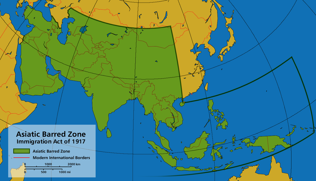 <p>Restricted immigration area from the 1917 Asiatic Barred Zone Act. Starts to exclude people who weren’t necessarily Asian - included literacy tests that also applied to European immigrants - goal to keep out undesirables.</p>