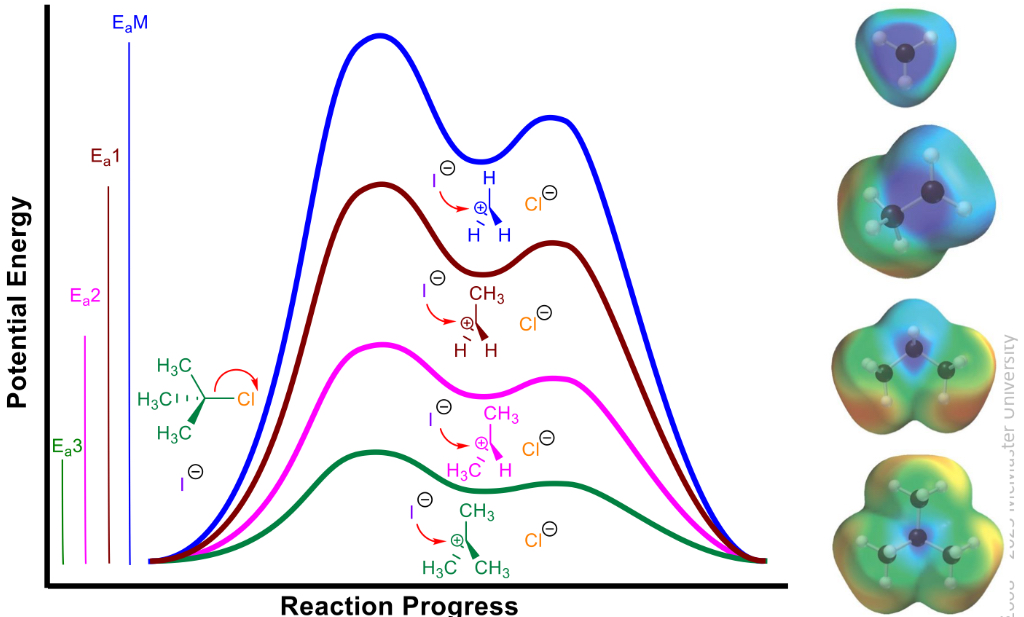 <p>Breaks bond then form bond</p><ul><li><p>activation energy decreases as electron density around central carbon increases</p></li><li><p>Rate is k(alkyl halide)</p></li><li><p>1sr order</p></li><li><p>2 step</p></li><li><p>Sn1</p></li></ul>