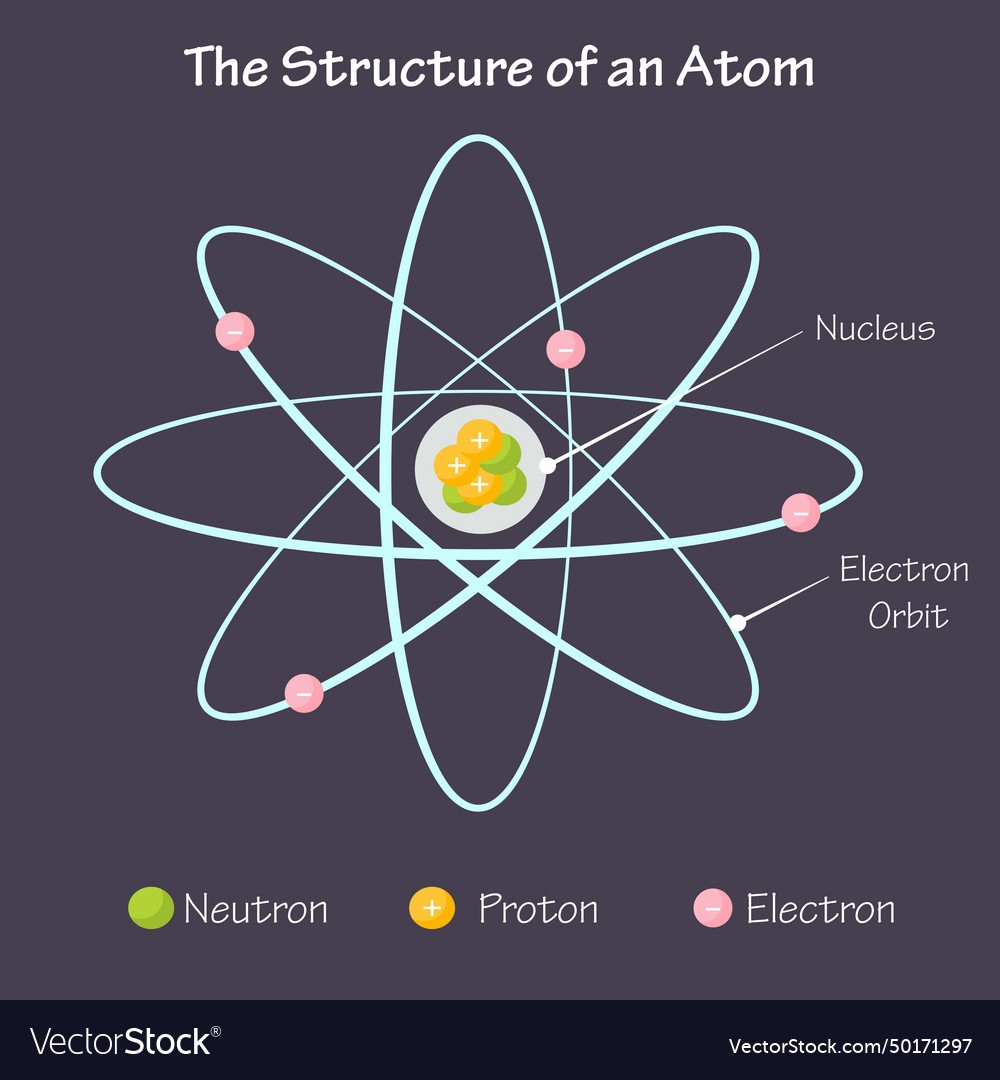 <ol><li><p>a positively charged <span style="color: #9ca4f8">nucleus</span> composed of protons and neutrons</p></li><li><p><span style="color: #5474cd">electrons </span>that surround the nucleus</p></li></ol><p></p>