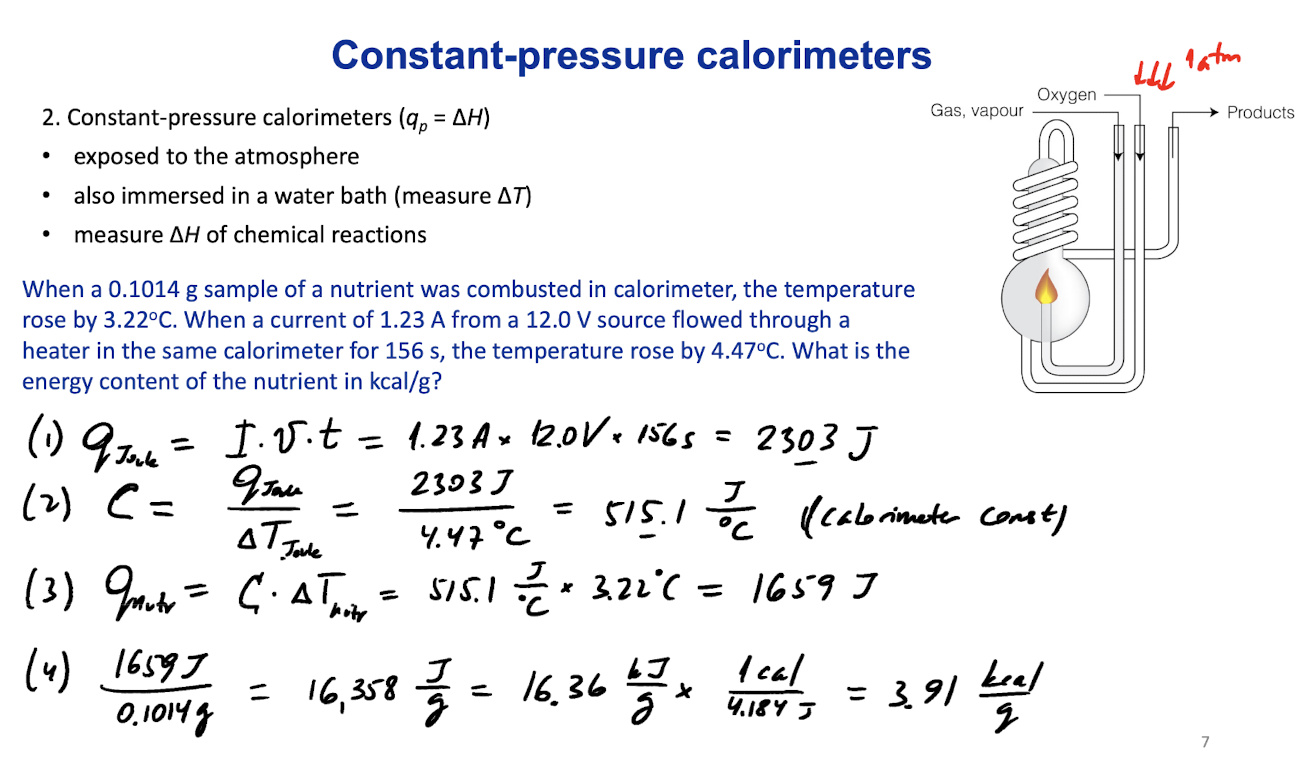 <p>Constant-pressure calorimeters (q<sub>p</sub>=∆H) </p><ul><li><p>exposed to the atmosphere</p></li><li><p>also immersed in a water bath (measure ∆T) </p></li><li><p>measure ∆H of chemical reaction</p></li></ul><p></p>