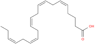 <ul><li><p>20C unsaturated carbons</p></li><li><p>CH3-CH2-(CH==CHCH2)5-(CH2)2-COOH</p></li></ul><p></p>