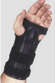 <p>A cockupsplint ( dorsal wrist splint) - PREVENT wrist Flexion contractures .</p><ul><li><p>position neutral or 10-30 degrees. </p></li></ul><p></p>