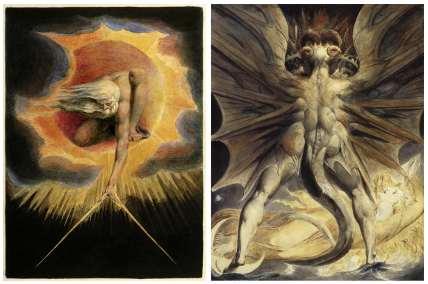<ul><li><p>visual commentaries of strange worlds, of alternate realities that existed in his imagination</p></li><li><p><strong>The Ancient of Days</strong></p></li></ul><ul><li><p><strong>The Great Red Dragon and The Woman Clothed in Sun</strong></p></li></ul><p></p>