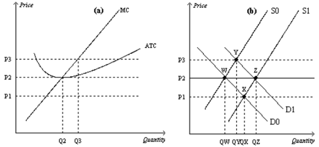 Suppose a firm in a competitive market, like the one depicted in panel (a), observes market price rising from P1 to P2. Which of the following could explain this observation?