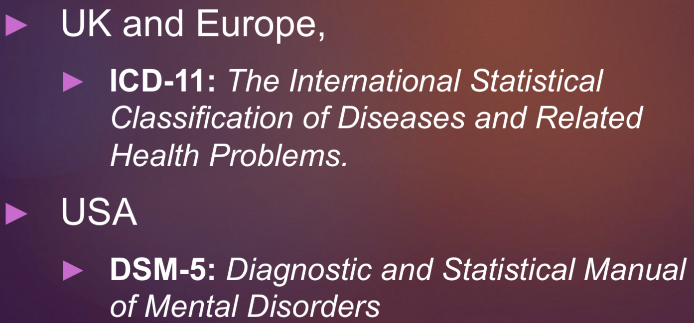 <p>Patients are diagnosed against set criteria. Both systems clarify symptoms and allow diagnosis.</p><p><span data-name="arrow_forward" data-type="emoji">▶</span> Lots of overlap between the two systems - generally high level of agreement when it comes to diagnosis.</p><p><span data-name="arrow_forward" data-type="emoji">▶</span> However, there are some differences, meaning that someone may receive a diagnosis for schizophrenia with one criteria but not the other.</p><p><span data-name="arrow_forward" data-type="emoji">▶</span> DSM focuses exclusively on mental illness, while ICD also includes physical illnesses. </p><p><span data-name="arrow_forward" data-type="emoji">▶</span> Both based on most up to date research in psychology and are periodically revised and updated</p>