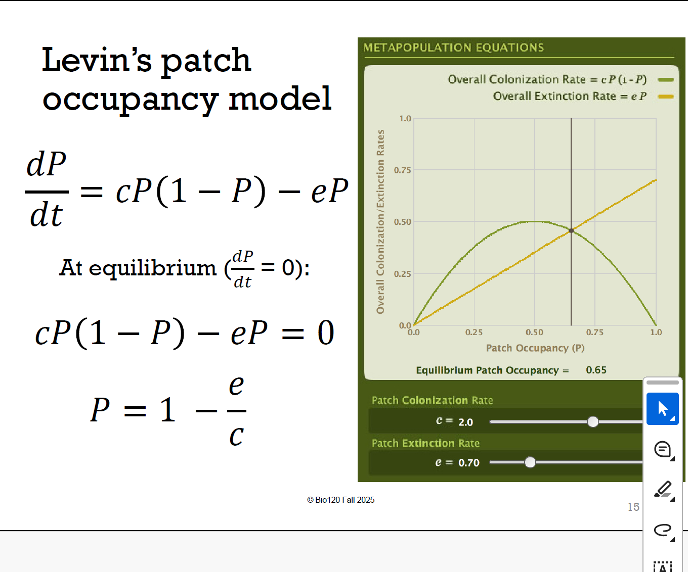 <p>𝑑𝑃/𝑑𝑡 = 𝑐𝑃 (1 − 𝑃) − 𝑒𝑃. at equilibrium(物种增=物种减，动态平衡) dp/dt=0，𝑃 = 1 − 𝑒/c</p>