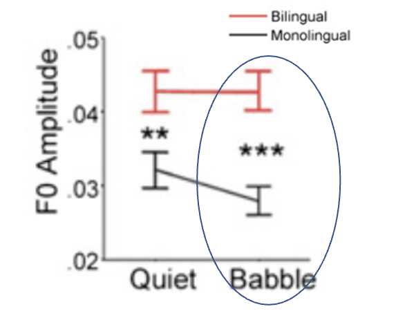 <p>Bilingual individuals may be more adept at pitch perception in both quiet and noisy environments compared to monolingual individuals, potentially due to their enhanced auditory discrimination skills. </p>