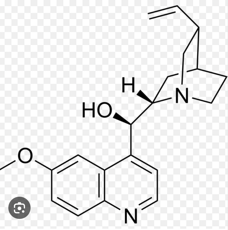 <p><span><span>Quinine is one of the best known fluorescent molecules, and the sensitivities of fluorometers are often specified in terms of the detection limit for this molecule. The structure of quinine is given next. Predict the part of the molecule that is most likely to behave as the chromophore and fluorescent center.</span></span></p>