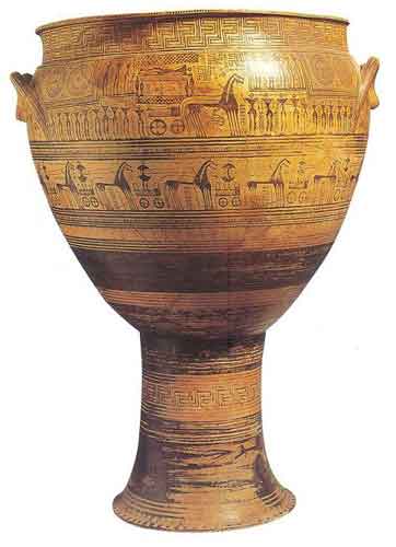 <p>Grave Makers from Athens 740 BCE, Amphoras marked womans graves, Kraters marked mens. Materials: Ceramics, Uses Hierarchical scale and its function was funerary, Was from geometric times and used twisted prespective.</p>