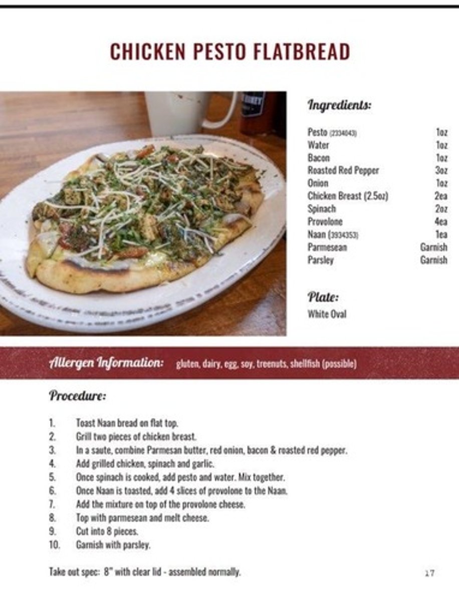 <p>Naan/provolone/bacon/ roasted red peppers/onion/ spinach/pesto/grilled chicken/Parmesan butter 15.95</p>