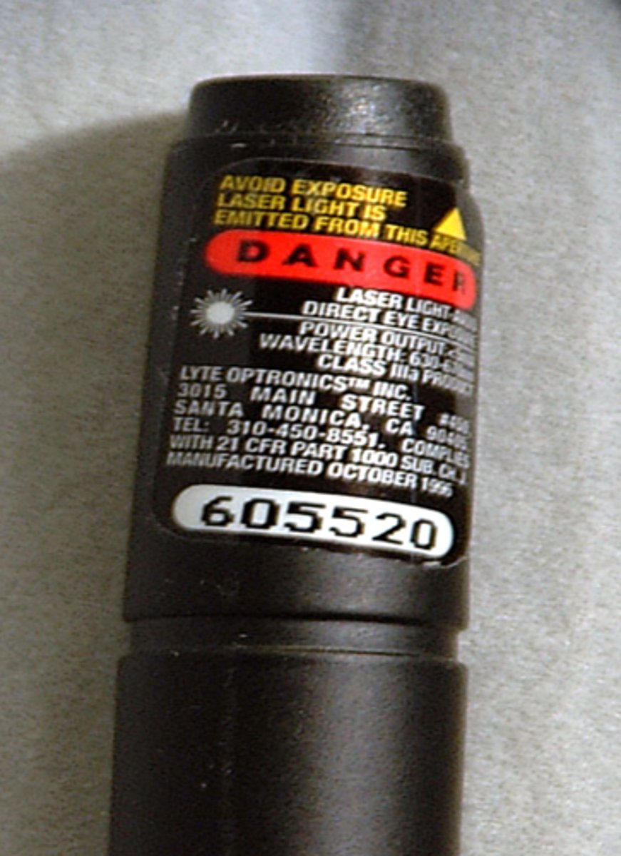 <p><strong>class IIIa</strong></p><p>wavelength of <strong>670nm</strong> (eye less sensitive)</p><p>very bright</p><p><strong>3-5 mW output</strong></p>