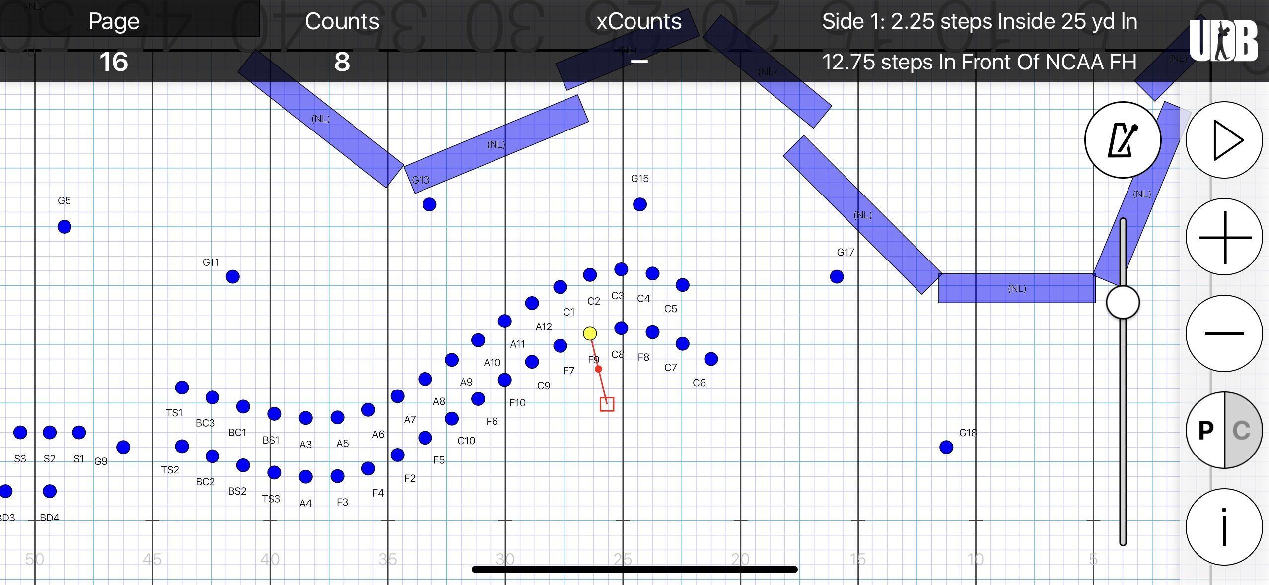 <p>STS: Side 1,2.25 steps inside 25 yd ln</p><p>FTB: 12.75 steps in front of FH</p><p>SS: 13 to 5 for 8 counts</p><p>XC: N/A</p>