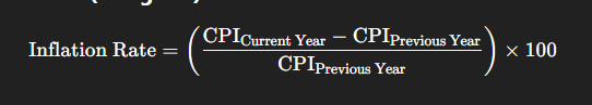<p>[(Current Year CPI - Previous Year CPI) / Previous Year CPI] X 100</p><p><br>basically: percent change in CPI from last year x 100</p>