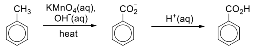 <ul><li><p><span>Hot alkaline KMnO4 gives the salt of carboxylic acid which must be acidified before solid benzoic acid can be obtained</span></p></li></ul><p></p>