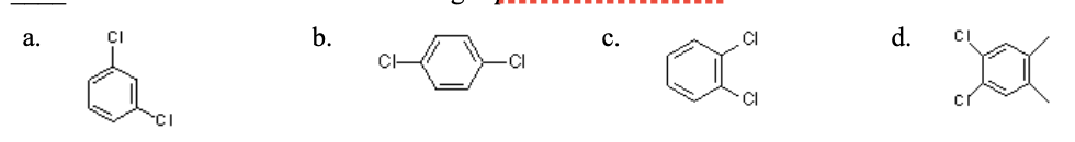 <p>25. Which of the following is <em>para</em>dichlorobenzene?</p><table style="min-width: 100px"><colgroup><col style="min-width: 25px"><col style="min-width: 25px"><col style="min-width: 25px"><col style="min-width: 25px"></colgroup><tbody><tr><td colspan="1" rowspan="1"><p class="p1">a.</p></td><td colspan="1" rowspan="1"><p class="p1">b.</p></td><td colspan="1" rowspan="1"><p class="p1">c.</p></td><td colspan="1" rowspan="1"><p class="p1">d.</p></td></tr></tbody></table><p></p>
