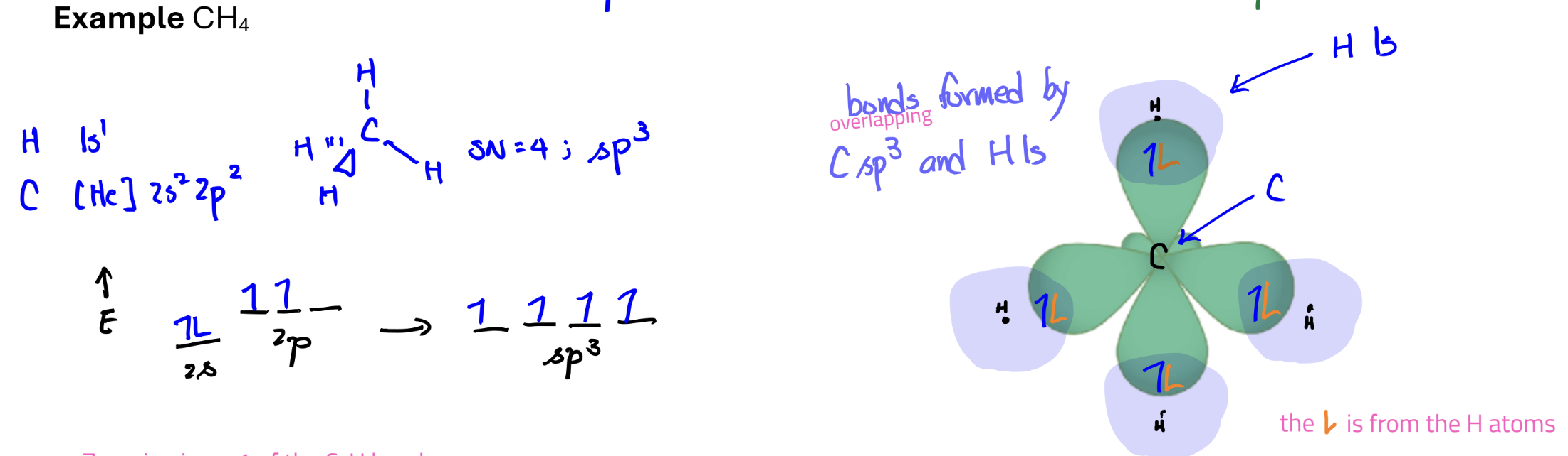 <p>General rule:</p><ul><li><p>Hydrogen atoms do not hybridize and use the 1s orbital to form bonds</p></li><li><p>All other atoms hybridize to form bonds</p></li></ul><p><strong><em>the # of orbitals used to combine = the # of hybrid orbitals</em></strong></p><p></p>