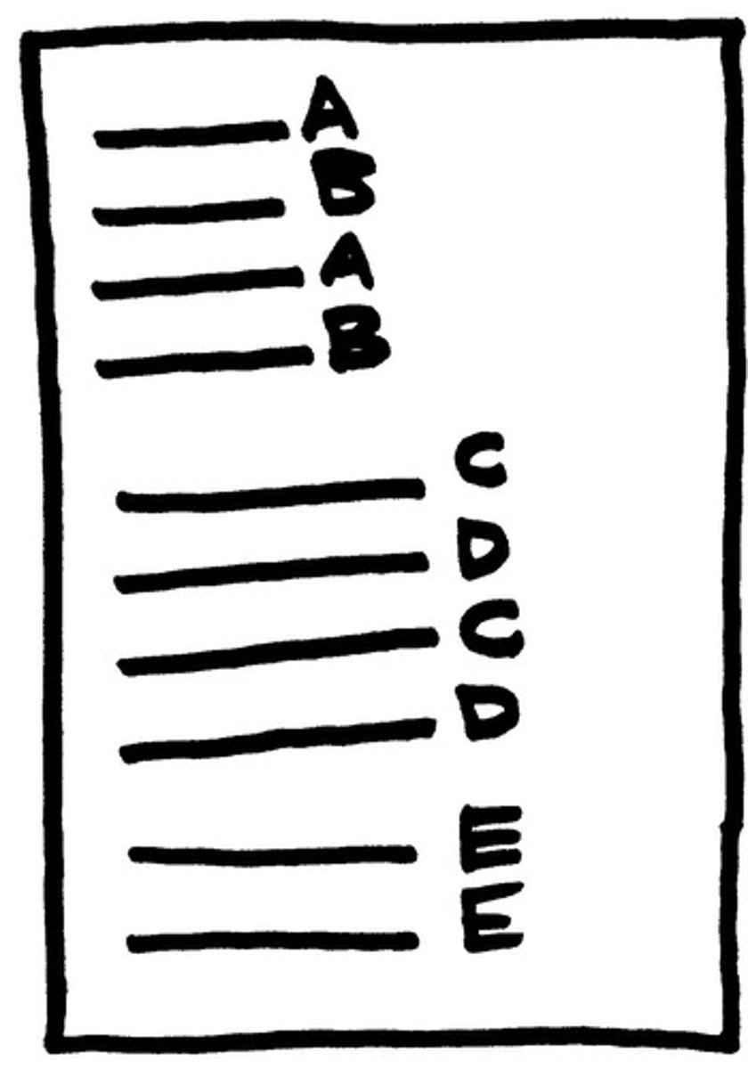 <p>the pattern of end rhyme in a poem.</p>