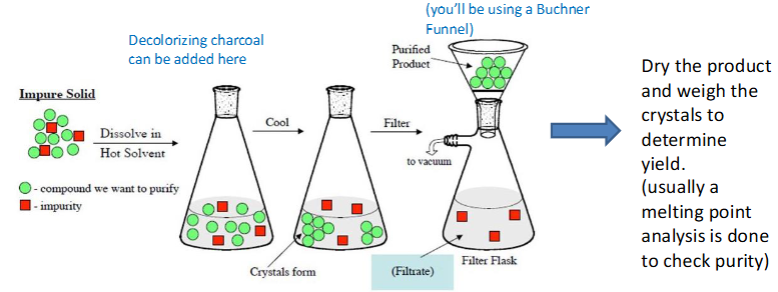 <ol><li><p>crude crystals are dissolved in hot solvent to dissolve unwanted contaminants</p></li><li><p>during cooling, crystal formation begins&nbsp;<strong>(nucleation)</strong>&nbsp;and proliferation of crystals<strong> (growth)</strong>&nbsp;continues</p></li><li><p>crystals are then collected with filter flask/Buchner Funnel and vacuum, and usually washed with cold solvent</p></li><li><p>dry product and weigh crystals to determine yield, mp analysis to check purity</p></li></ol><p></p>