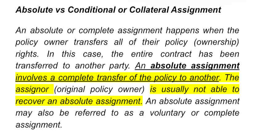 <p>A life insurance policyowner does NOT have the right to</p><ul><li><p>change a beneficiary</p></li><li><p>select a beneficiary</p></li><li><p>take out a policy loan</p></li><li><p>revoke an absolute assignment</p></li></ul>