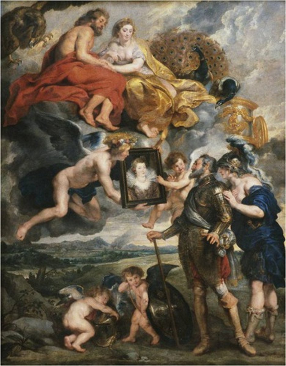 <p>Form:</p><p>-oil on canvas</p><p>-floating figures</p><p>-part of a cycle</p><p>-shows an event in her life</p><p>-Catholic Baroque</p><p>Content:</p><p>-Henry IV present the picture of Marie that confirmed his religious identity; married a Catholic queen</p><p>-marries her so he can have a son and recreate him in a Catholic way</p><p>-Jupiter and Juno gives blessing to them</p><p>Function:</p><p>-"early harmony"</p><p>-part of a tribute to her life</p><p>-show that their marriage was official bc portrait</p><p>-shows political power, sophistication, and stability</p><p>Context:</p><p>-Peter Paul Rubens (Flemish painter)</p><p>-from Marie de' Medici cycle displayed in the Louvre</p><p>-1621-25 CE Flemish Baroque</p>