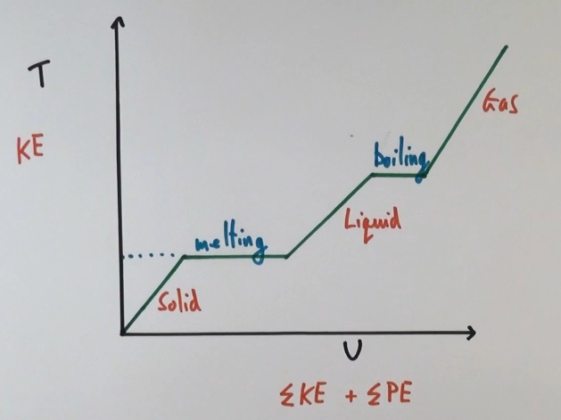 <ul><li><p>When a substance changes phase,  the temperature does not change, nor does the kinetic energy of the atoms or molecules.</p></li><li><p>However, their electrostatic potential energy increases significantly as the electrical forces between the molecules change.</p></li><li><p>Only once the phase change is complete does the kinetic energy of the molecules increase further, and so the temperature rises rises again.</p></li></ul><p></p>