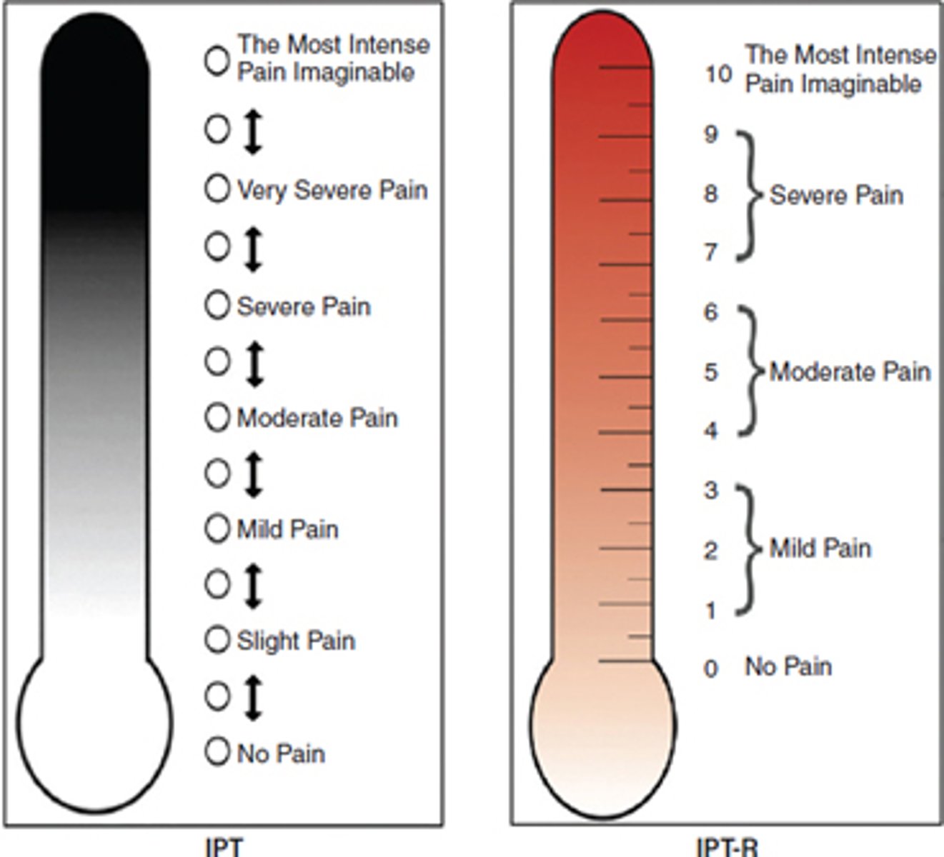 <p>Pain assessment tool that helps people assess and describe their pain. It's a modified Verbal Descriptor Scale (VDS) that includes a pain thermometer and a 13-point scale. The IPT is a good choice for older adults, including those with mild to moderate cognitive impairment</p>
