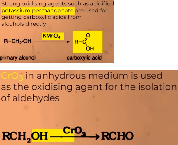 <p>alcohols(oxidation)——&gt;aldehydes(oxidation)——&gt;carboxylic acid </p>