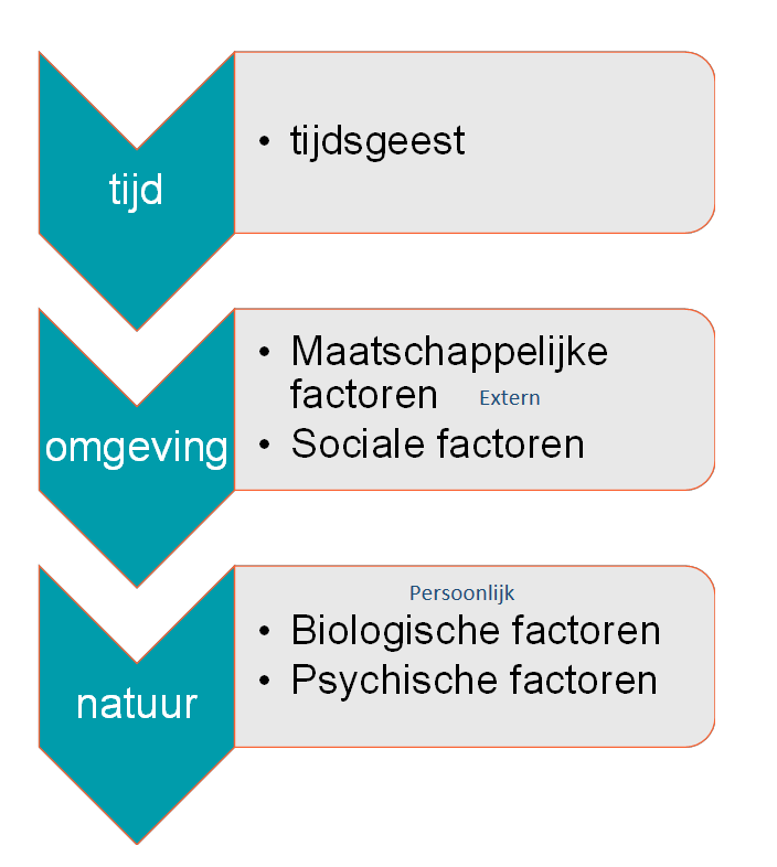 <ul><li><p>Tijd</p><ul><li><p>Tijdsgeest</p></li></ul></li><li><p>Omgeving</p><ul><li><p>Maatschappelijke factoren</p></li><li><p>Sociale factoren</p></li></ul></li><li><p>Natuur</p><ul><li><p>Biologische factoren</p></li><li><p>Psychische factoren</p></li></ul></li></ul><p>Een 12+ film hier kan 16+ zijn in Amerika. Softies zijn het! Eet maar je hamburgers op, Donald!!</p>