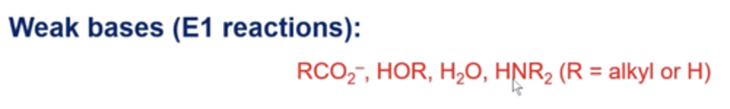 <p>bases that have negative charges that are resonance-stabilized:</p><p>RCO2-, HOR, H2O, HNR2</p><p>R: alkyl or H</p>
