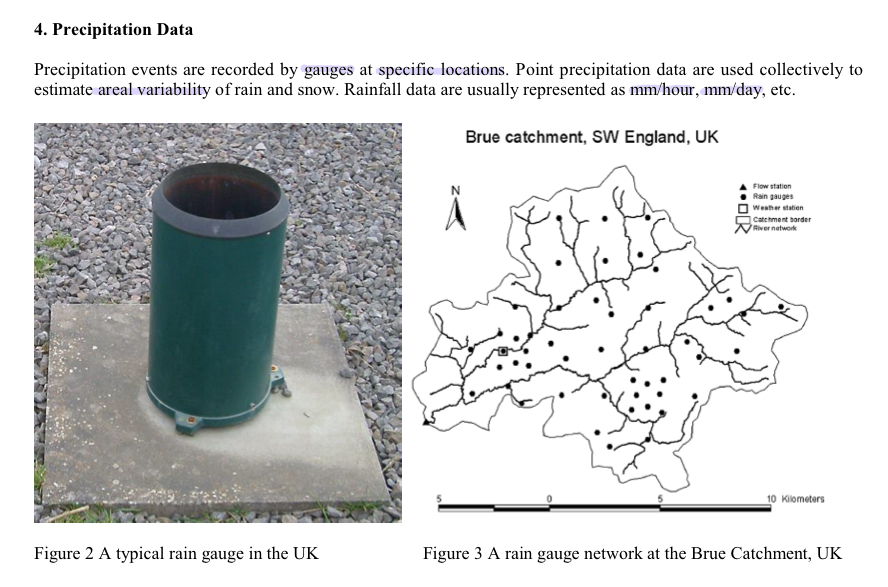 <ol><li><p>gauges</p></li><li><p>specific locations</p></li><li><p>areal variability of rain/snow</p></li><li><p>mm/hour, mm/day etc </p></li></ol><p></p>
