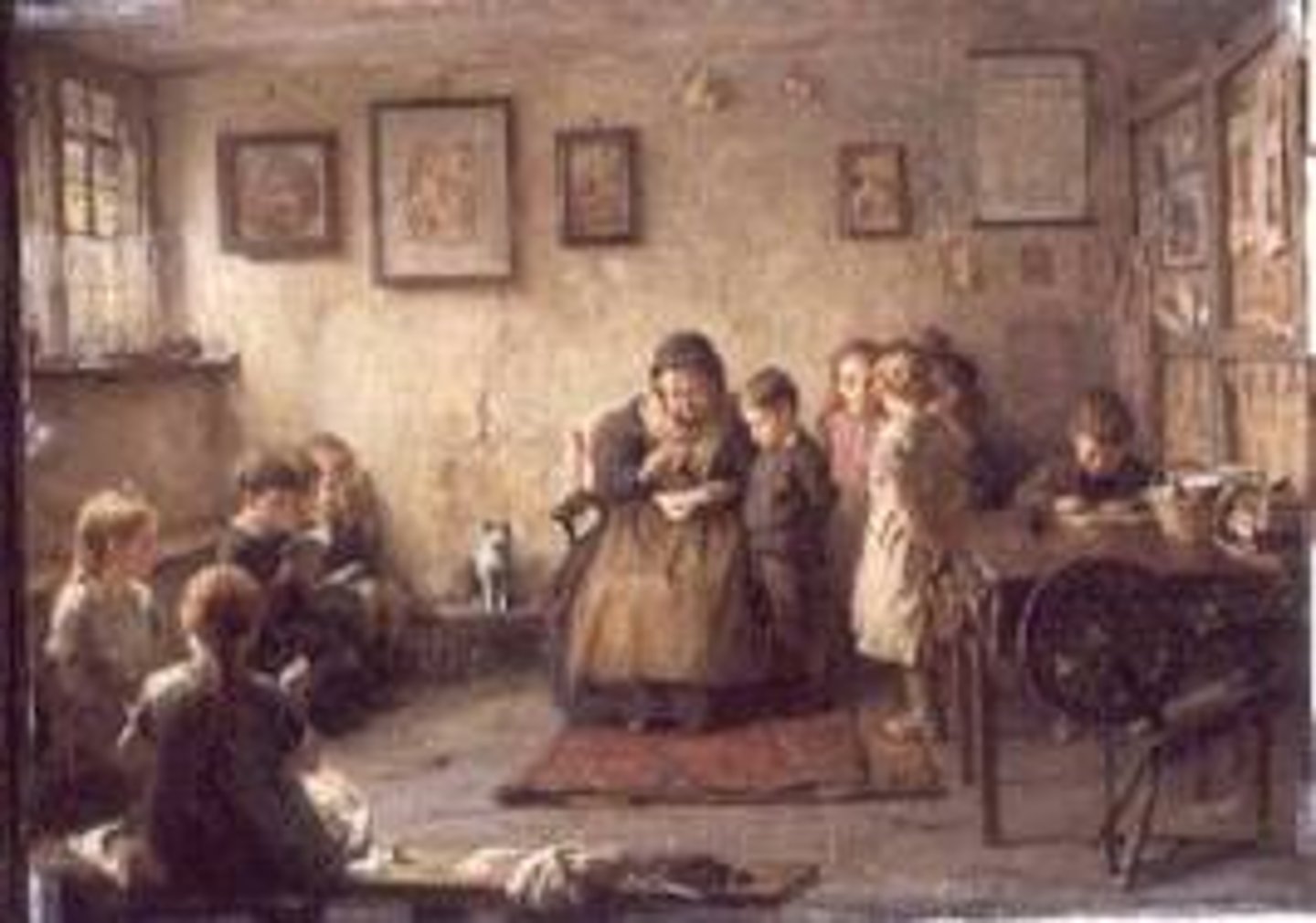 <p>- in homes<br>- taught by widows/housewives<br>- boys' initial schooling<br>- girls' only schooling<br>- reading, writing, arithmetic<br>- a few weeks up to a year in duration</p>