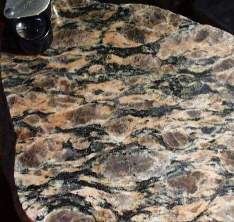 <p><span style="color: #000000">Some gneisses have large eye-shaped grains</span><span style="color: #000000"><br></span><span style="color: #000000">(commonly feldspar) that are derived from pre-</span><span style="color: #000000"><br></span><span style="color: #000000">existing large crystals by shear (as described in</span><span style="color: #000000"><br></span><span style="color: #000000">Section 23.1). Individual grains of this sort are</span><span style="color: #000000"><br></span><span style="color: #000000">called auge (German for eye), and the (German)</span><span style="color: #000000"><br></span><span style="color: #000000">plural is augen. An augen gneiss is a gneiss with</span><span style="color: #000000"><br></span><span style="color: #000000">augen structure (Fig. 23-18).</span></p>