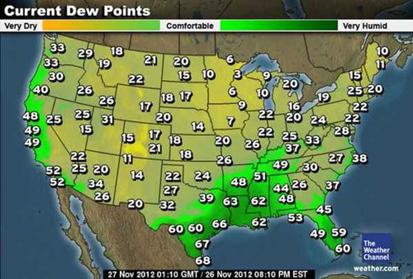 <p>A map that shows data about recent weather conditions across a large area</p>
