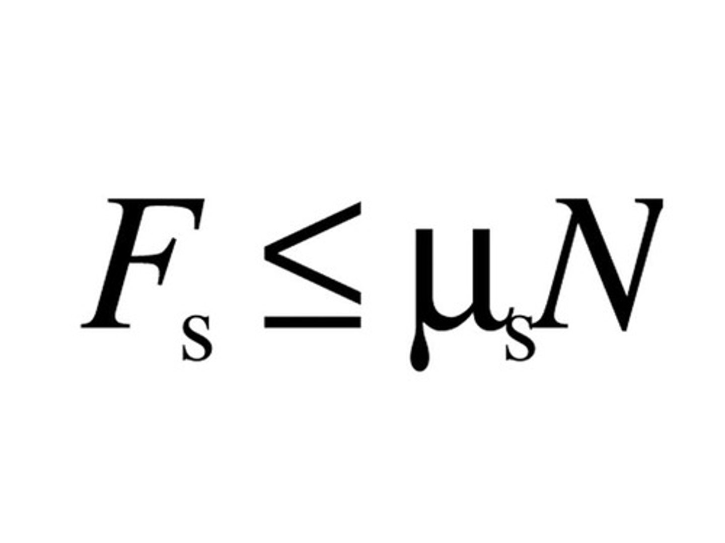 <p>0 ≤ static friction ≤ (coefficient of static friction)·(normal force)<br><br>Static friction is equal and opposite to the direction of the force along a surface up to the point where it equals the product of the normal force and the coefficient of static friction (μs). <br><br><b>Struggling to keep your MCAT equations straight? Simply conquer the 100 most important equations using Andrew's 100 Most Essential Equations Mastery Course @ https://mcatselfprep.com/course/andrews-equation-mastery-course/</b></p>