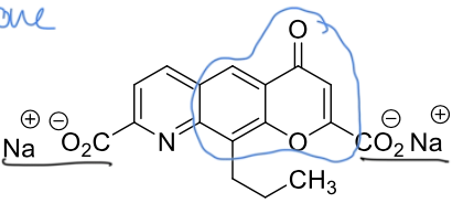 <p class="p1">1. Chromone (benzopyrone) —> blue</p><p class="p1">2. Carboxylate anions (2) —> black</p>