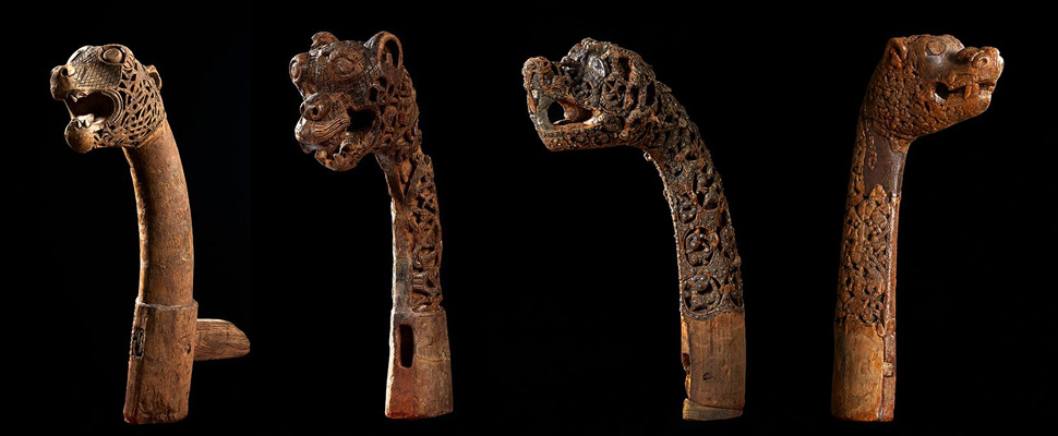 Animal head posts from Oseberg ship burial, c. 820, southwestern Norway, maple  