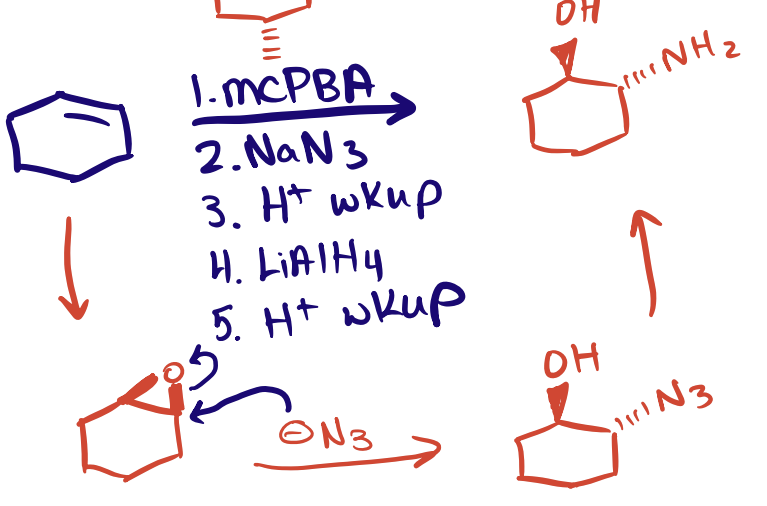An alcohol and amine on either side of the original double bond, trans stereochemistry