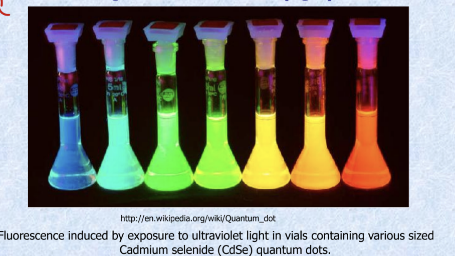 <ul><li><p>quantum dots (QD) are <strong>very small semiconductor particles</strong>, only several <strong>nanometers</strong> in size, so small that their optical and electronic properties differ from thse of larger particles</p></li><li><p>many types of QD will emit light of specific frequencies if electricity or light is applied to them and these frequencies can be precisely tuned by changing the dots’ size, shape and material, giving rise to many applications</p></li><li><p><strong>colloidal quantum dots irradiated with UV light; different sized quantum dots emit different color light due to quantum confinement</strong></p></li></ul><p></p>
