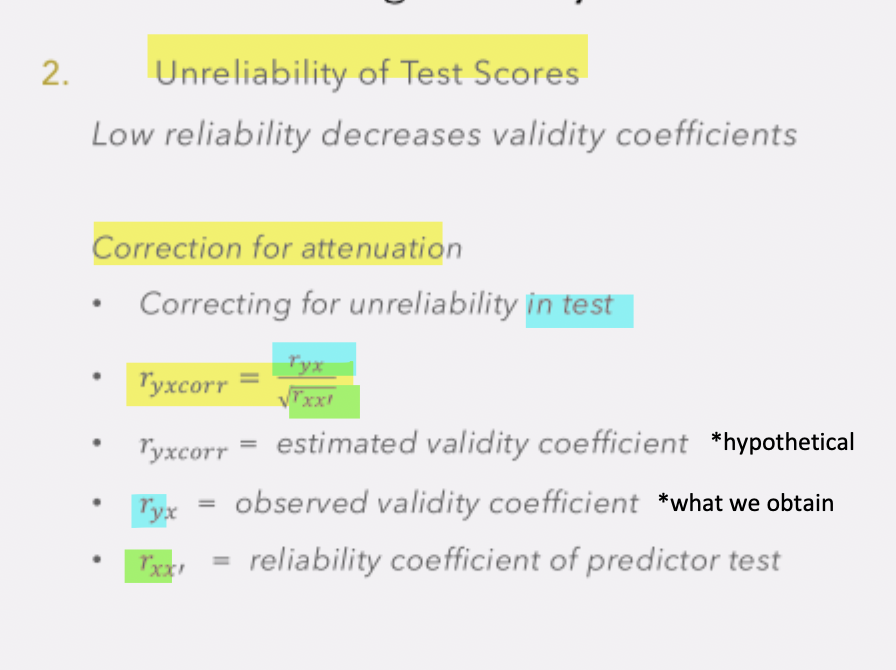 <p>we correlate the <strong>observed validity coefficient (ryx)</strong> (which we obtained from our test) with the <strong>reliaibiity coefficient of predictor test (rxx’)</strong> to ge the<strong> <u>estimated valdity coefficient (ryxcorr) </u></strong>*which is hypothetical</p><p>this shows how much of this correlation is impacted by the unreliability of test scores</p><p>This tells us that if we improved the test (made more reliability) how predictive it would be of the test criterion</p><p><span style="color: blue;">*If we have perfect measure with reliability of 1, what would be the correlation coefficient&nbsp;(for validity) be?</span></p><p><span style="color: blue;">&nbsp;</span><span style="color: blue;">Get estimated validity coefficient and compare the 2 </span></p>