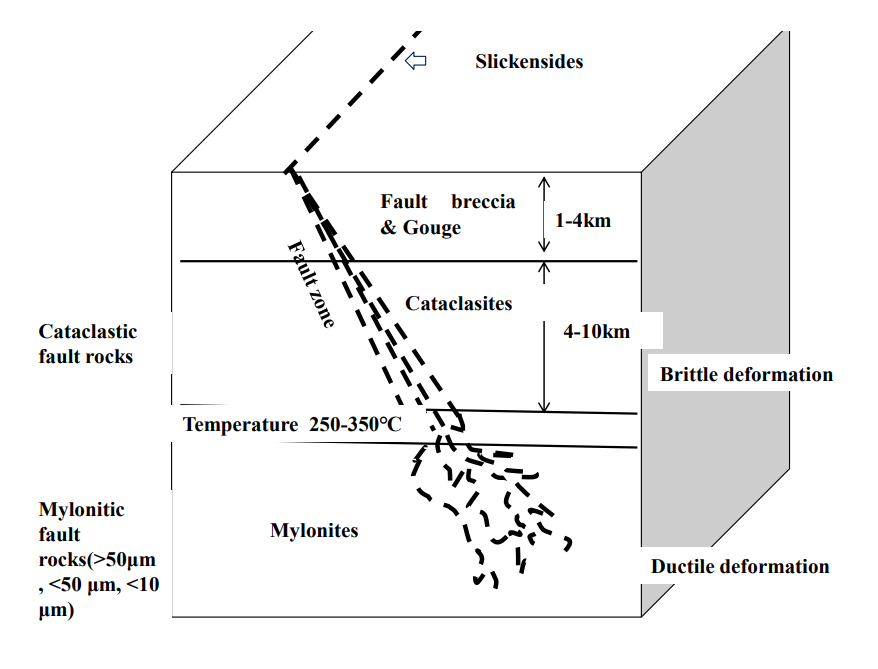 <p>1) Fault Slickenside - <span><span>Polished, scratched surfaces on the fault plane showing movement direction.</span></span><br>2) Cataclasitic rocks(fault rocks) -&nbsp;cataclastic rocks present in the fault zone. Individual fragments are generally <strong>sharp, angular shape characteristic of brittle fracturing</strong>.<br>3)Fault breccia -&nbsp;The assembly of broken fragment frequently found along fault.<br>4)&nbsp;Gouge -&nbsp;produced by friction between the two sides when a fault moves.</p><p>5)&nbsp;Pseudotachylite-&nbsp;<span><span>a dark, glassy, or very fine-grained rock that forms by </span></span><strong><span>frictional melting</span></strong><span><span> during rapid fault movement, typically in an earthquake.</span></span><br><span><span>6)&nbsp;</span></span>Mylonitic rocks -&nbsp;<span><span>are fine-grained, foliated metamorphic rocks formed by </span></span><strong><span>ductile deformation</span></strong><span><span> under high stress and strain within a shear zone, deep in the crust.</span></span></p>