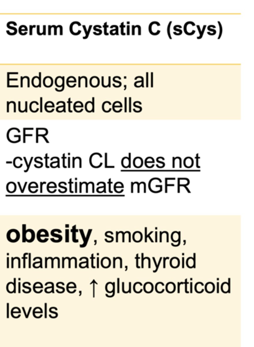 <p>It’s produced by all nucleated cells, filtered (not secreted) by glomeruli, and minimally affected by muscle mass or diet</p>