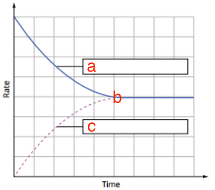 Describe a b and c in the rate-time graph above
