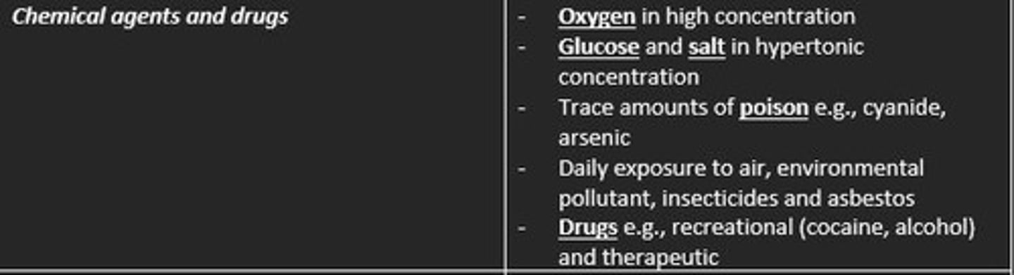 <p>1) Oxygen in high concentration</p><p>2) Glucose & salt in hypertonic concentrations</p><p>3) Trace amount of poison (arsenic, cyanide)</p><p>4) Daily exposure to air/pollutant/insecticide/asbestos</p><p>5) Drugs (recreational e.g., cocaine, therapeutic)</p>