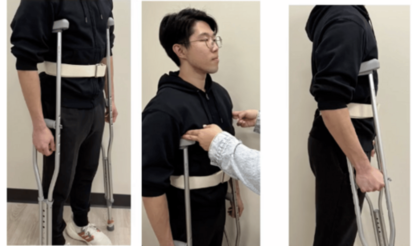 <p>- space for 2-3 fingers in axilla (2 inches)</p><p>- crutch tips 2 inches lateral and 4-6 inches anterior to toe of shoe</p><p>- 20-25 degree of elbow flexion</p>