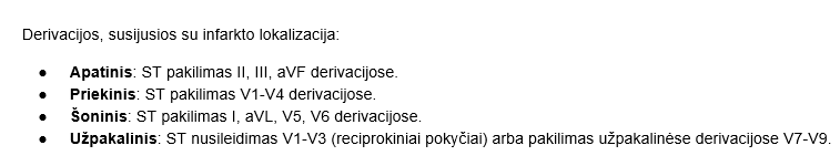 <p><span><span>NSTEMI dažniausiai turės T bangos inversiją, bet nebus ST pakilimo</span></span></p><p></p><p>Q</p><p><span><span>●>30ms trukmės ir 1mm gylio bent dviejose derivacijose (I, II, aVL, aVF, V4-6).</span></span></p>