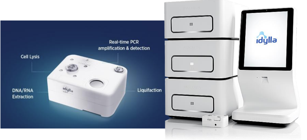 <p>Idylla platform for FFPE or plasma</p><p>-	Can directly add FFPE scrape or plasma sample into a cartridge</p><p>-	Idylla instrument does sample extraction and real-time PCR all in one cartridge</p><p>-	Assays available for...</p><p>o	ALK/ROS/RET, NTRK gene fusions</p><p>o	EGFR mutations</p><p>o	MSI loci</p><p>o	KRAS and BRAF</p><p></p>