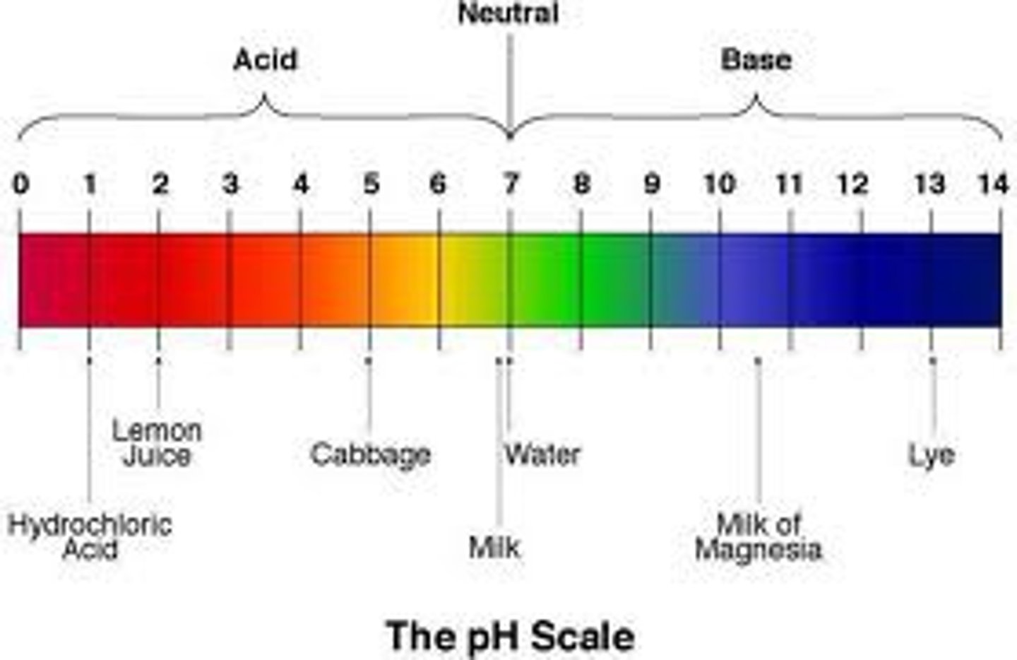<p>scale with values from 0 to 14, used to measure the concentration of H+ ions in a solution; a pH of 0 to 7 is acidic, a pH of 7 is neutral, and a pH of 7 to 14 is basic</p>