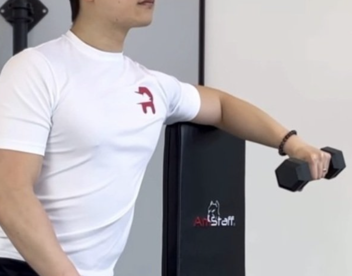 <p>Bending your elbow to 90 degrees and rotating your arm downwards, similar to dumbbell shoulder external rotation.</p>